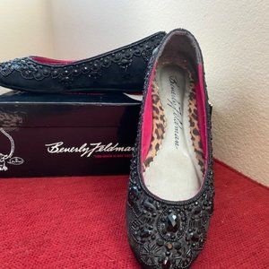 Vintage Beverly Feldman Satin Black and Beaded Flats Size 6 1/2